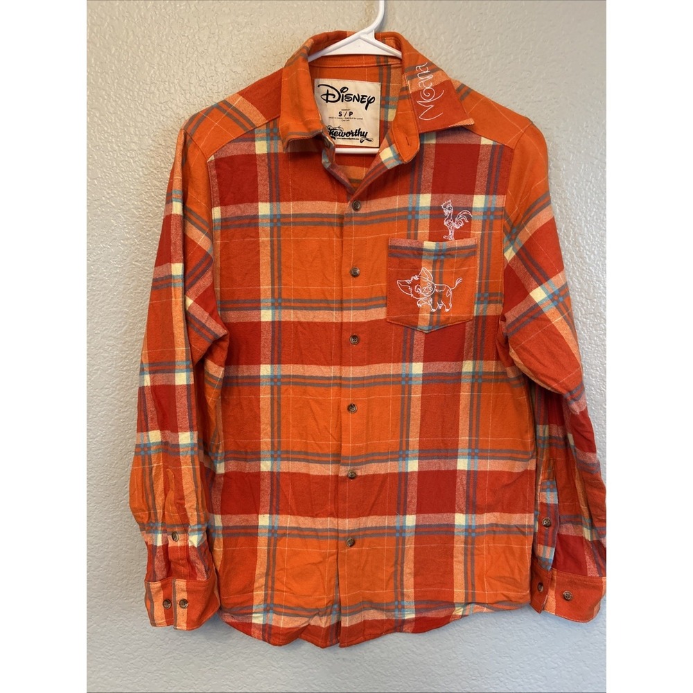 Disney Cakeworthy Moana Flannel Shirt Women's Small Orange Plaid Casual Preowned